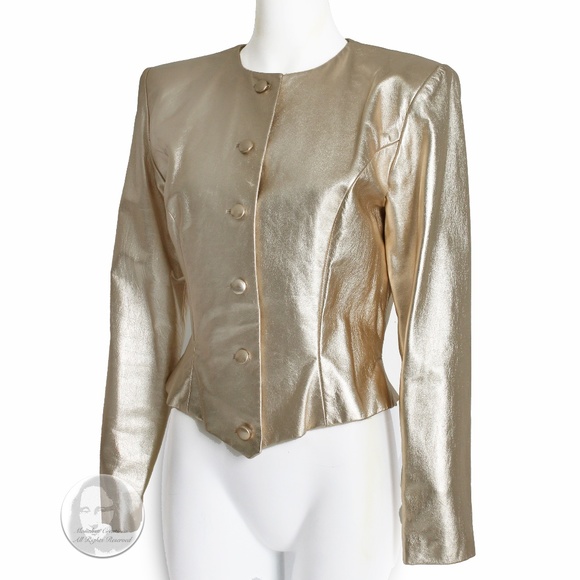 Vicky Tiel Couture Jacket Metallic Gold Leather Formal Evening Vintage Size 42 - Picture 5 of 8